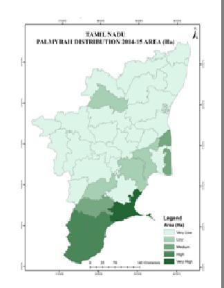 Map -3: District wise of Palmyrah wealth in Tamil Nadu Map -4: District wise of Palmyrah products in Tamil Nadu The population of this species has declined in Tamil Nadu after 1980's due to various