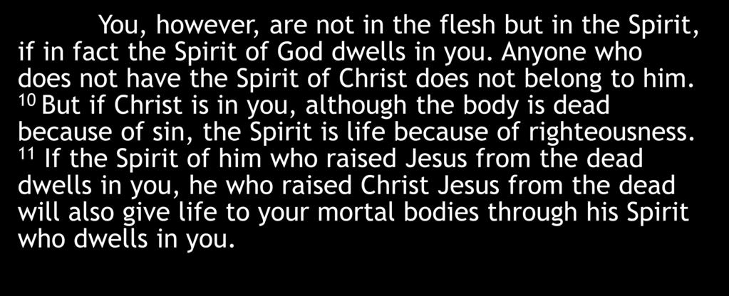 You, however, are not in the flesh but in the Spirit, if in fact the Spirit of God dwells in you. Anyone who does not have the Spirit of Christ does not belong to him.