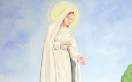 The Murals Our Lady of Fatima - The mural on the south wall of the Chapel is a scene of the apparition of Our Lady of Fatima to three