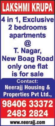 WEST MAMBALAM, Kuppiah Street, near Station Road, 2 bedrooms, hall, kitchen, 560 sq.ft, UDS 249 sq.ft, 2 nd floor flat, year 1983, 2-wheeler parking, no brokers. Ph: 99628 05479, 91760 61875.