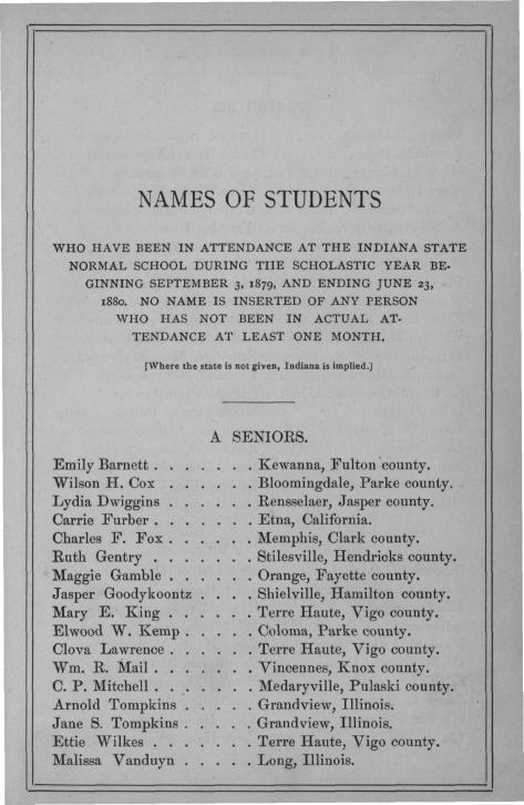 NAMES ( 3F STUDENTS WHO HAVE BEEN IN ATTl JNDANCE AT THE INDIANA STATE NORMAL SCHOOL DURI NG THE SCHOLASTIC YEAR BE- GINNING SEPTEMBER 3, 1879, AND ENDING JUNE 23, 1880.