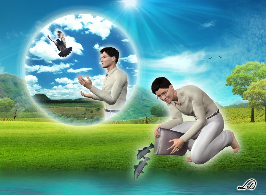 Image of a man releasing a bird and fishes Kamma encompasses physical, verbal, and mental deeds regardless of whether they are good or bad, intentional or unintentional, frequent or infrequent.