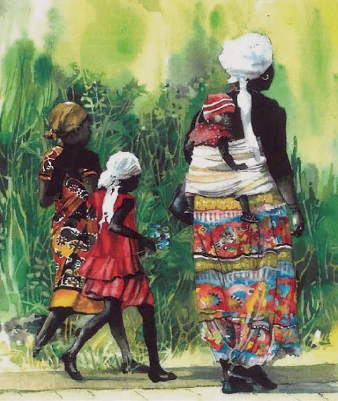 ORIGINAL WATERCOLOR BY SISTER MARGARET BLAKE: MOTHER AND HER CHILDREN OFF TO SUNDAY SCHOOL For a good and glorious purpose Thus we meet each Sabbath day, Each one striving for salvation Thru the Lord