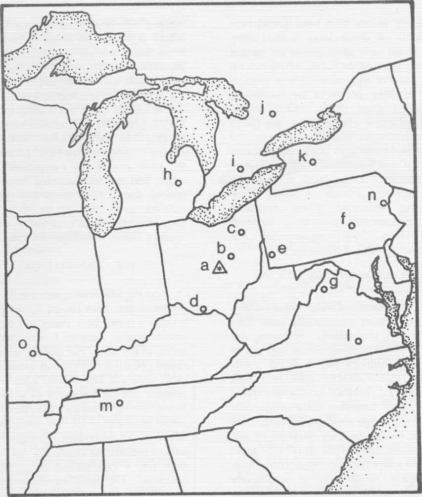 This map of a portion of eastern North America shows the Pig Site (a) in relation to 14 of the most significant Paleoindian sites in the midcontinent. The other sites are: b. Welling, OH c.
