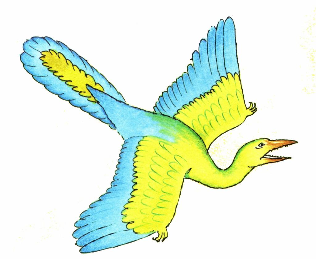 These features are claimed to be reminiscent of their dinosaur ancestors. An artists depiction of a fossil bird called "Archaeopteryx" (are-key-awp-tur-iks).