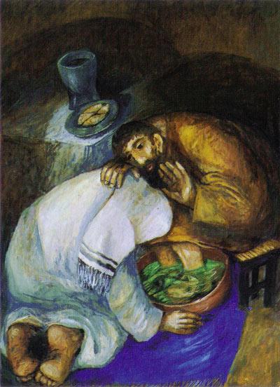 John 13:3-5 Sieger Köder During supper Jesus, knowing that the Father had given all things into his hands, and that he had come from God and was going to God, got up from the table,