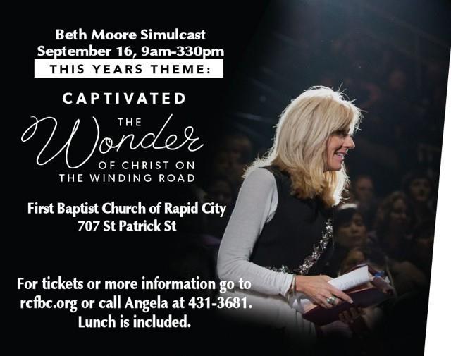 First Baptist Church of Rapid City would like to invite your ladies to a community event! The Beth Moore Simulcast kicks off on Saturday, September 16th at 9:00 a.m. and ends at 3:30 p.m. Registration will start at 8:30 a.