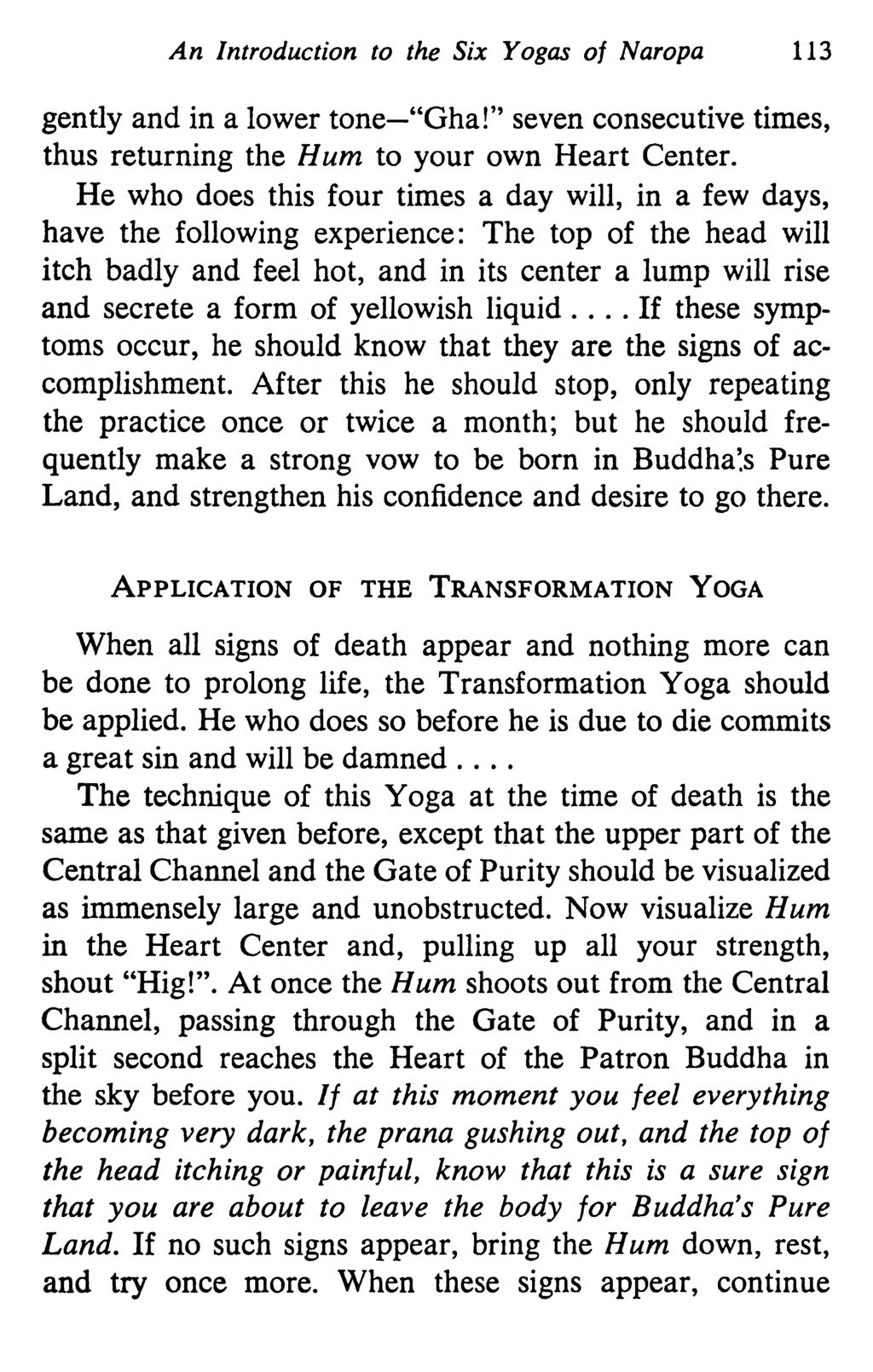 An Introduction to the Six Yogas of Naropa 113 gently and in a lower tone-"gha!'' seven consecutive times, thus returning the Hum to your own Heart Center.