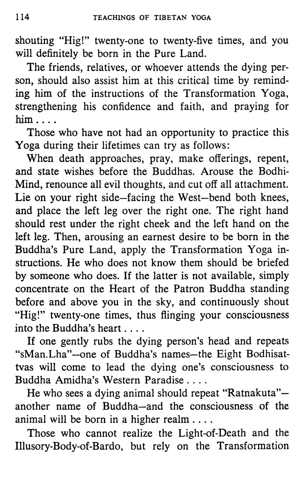 114 TEACHINGS OF TIBETAN YOGA shouting "Hig!" twenty-one to twenty-five times, and you will definitely be born in the Pure Land.