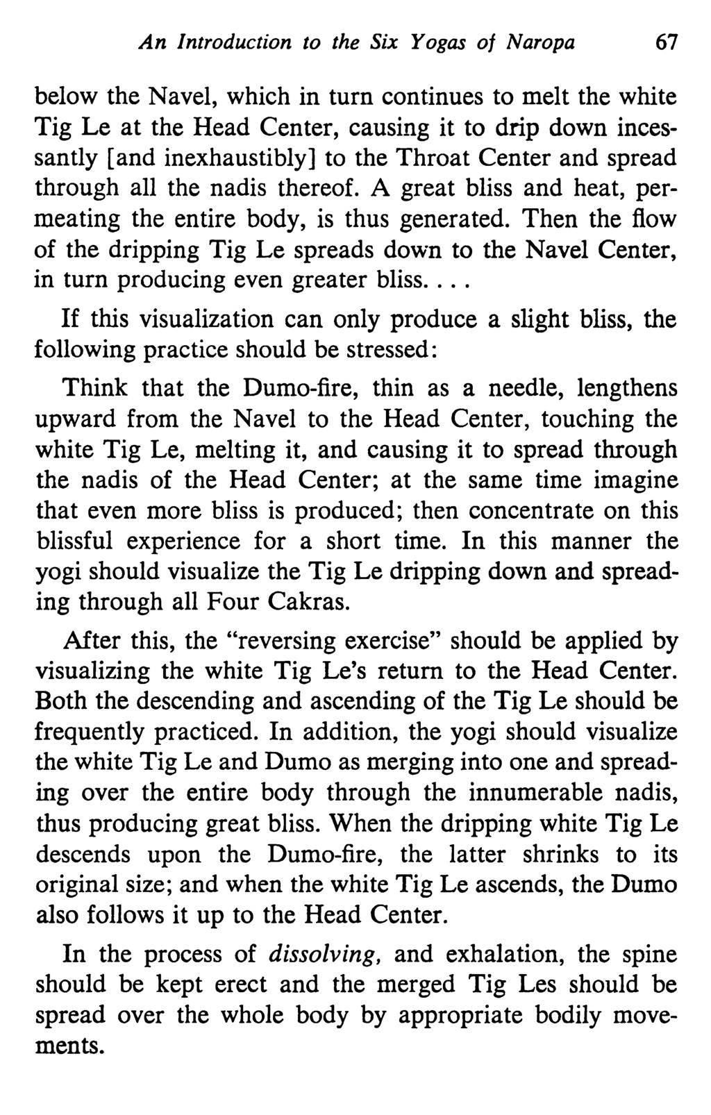 An Introduction to the Six Yogas of Naropa 67 below the Navel, which in turn continues to melt the white Tig Le at the Head Center, causing it to drip down incessantly [and inexhaustibly] to the