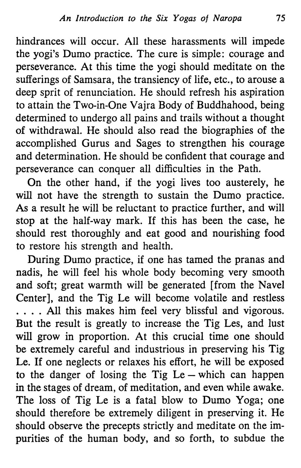 An Introduction to the Six Yogas of Naropa 75 hindrances will occur. All these harassments will impede the yogi's Dumo practice. The cure is simple: courage and perseverance.