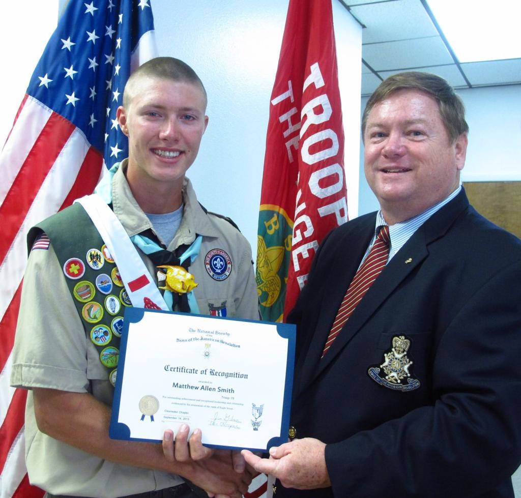 CLEARWATER SONS OF THE AMERICAN REVOLUTION RECOGNIZE EAGLE SCOUT Eagle Scout Matthew Allen Smith, son of Alvin and Rhonda Smith of Hudson, was presented with an Eagle Scout Certificate of Recognition