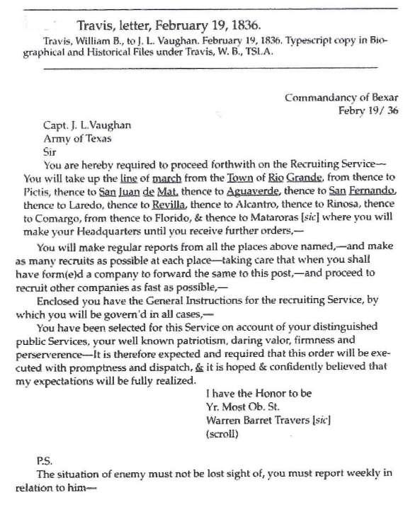 10 Letter of Colonel William B. Travis, San Antonio to Capt. James L.