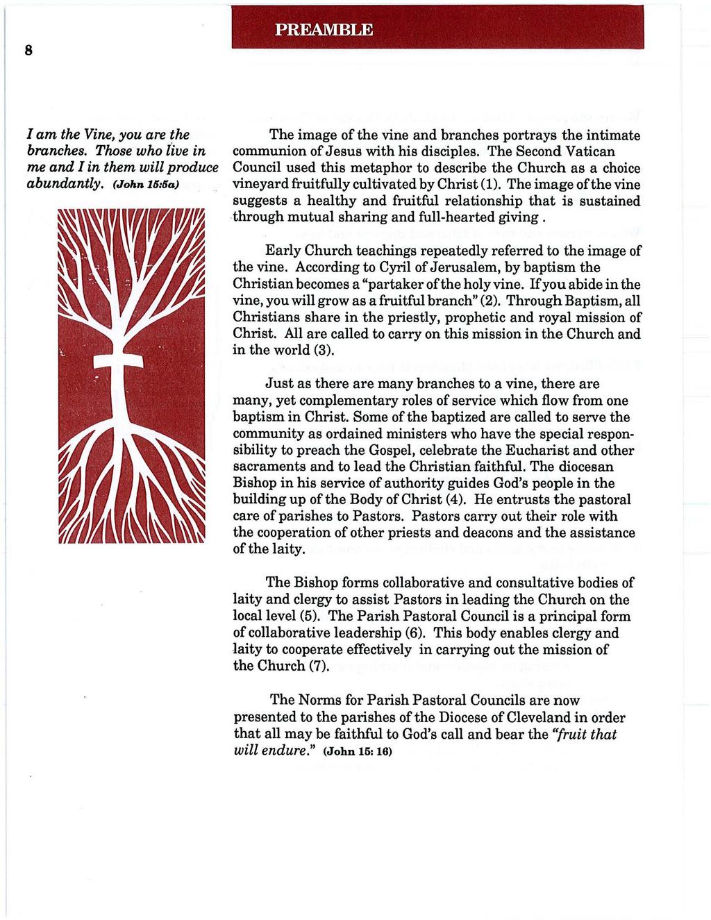 8 PREAMBLE I am the Vine, you are the branches. Those who llve in me and I in them will produce abundantly.
