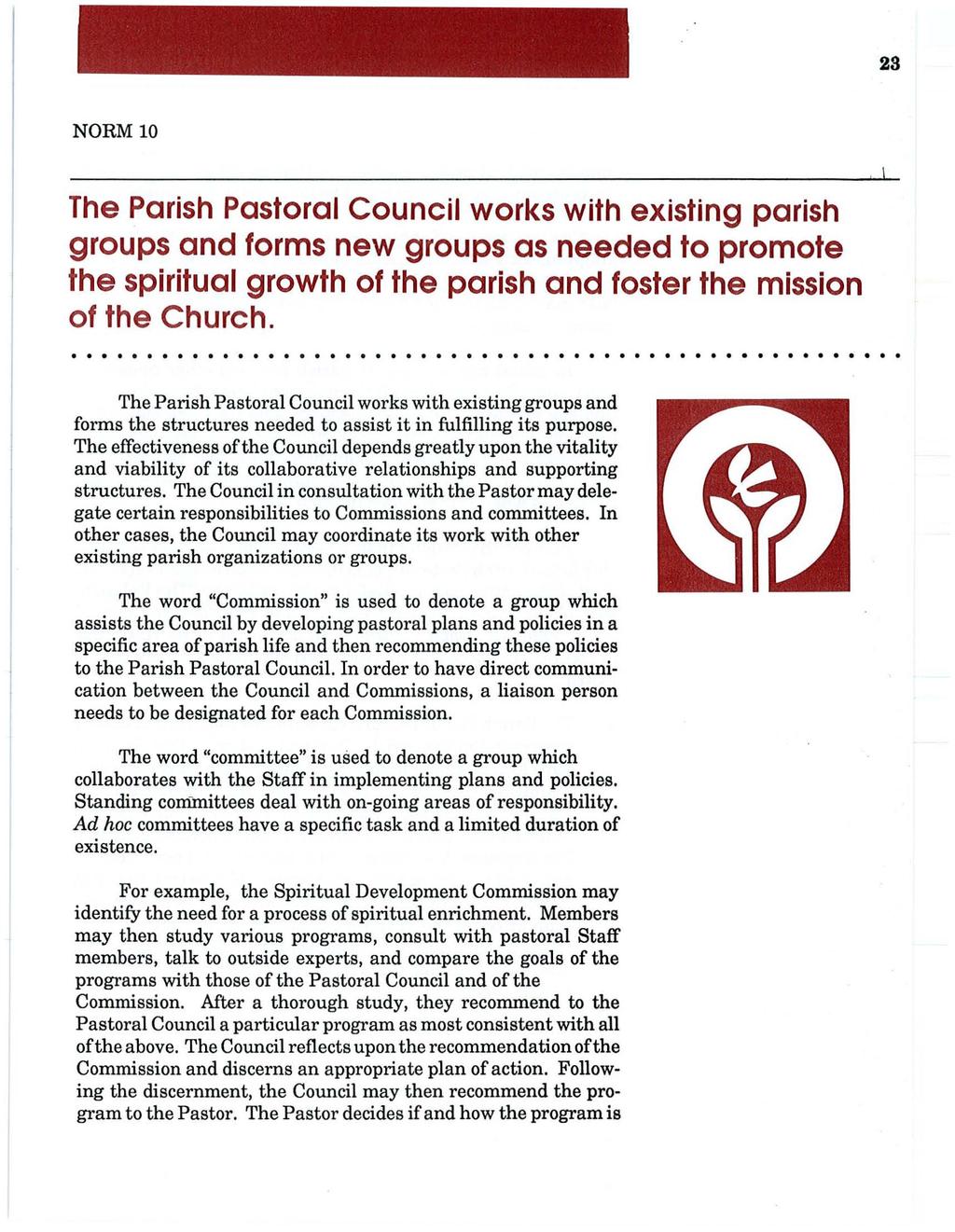 23 NORM 10 The Parish Pastoral Council works with existing parish groups and forms new groups as needed to promote the spiritual growth of the parish and foster the mission of the Church.