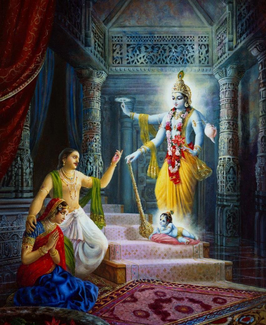 God Appears in a Spiritual Body We come out from the womb of a woman and are naked. Krishna did not come out from the womb of a woman. He appeared next to a woman, fully clothed and as an adult.