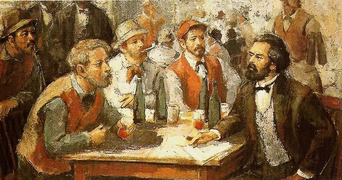 Painting of Karl Marx in discussion with workers.