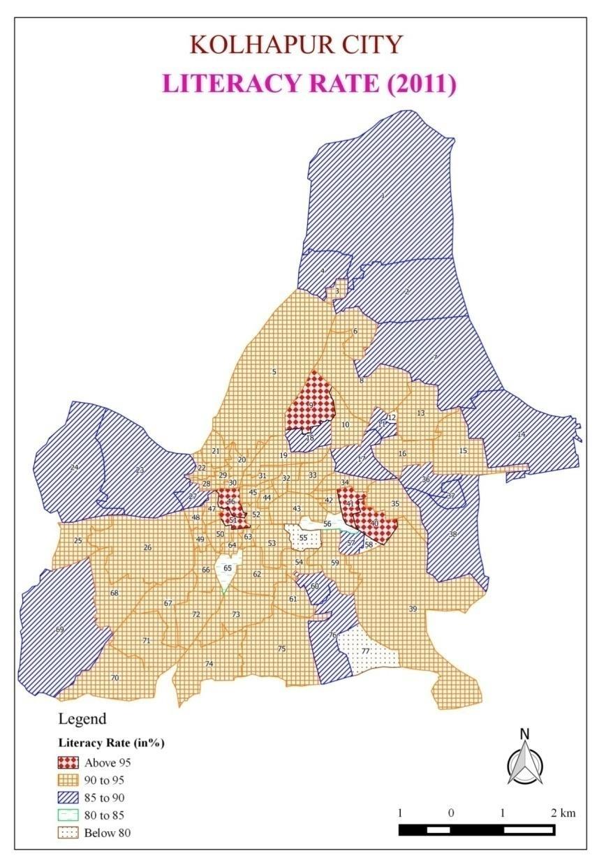 Fig. 3 CONCLUSION It is found that there were five wards where the literacy rate was more than 90%. These wards are No. 40 (Rajarampuri Extension, 96.63%), 41 (Tararani Vidyapeet, 96.
