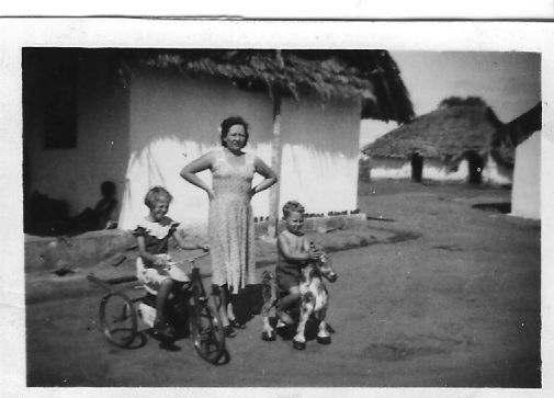 Alice on the left, Alice's mother, and Alice's step-brother Vernon on the right, at Makwaja ranch in Pangani District in the mid-1950s.