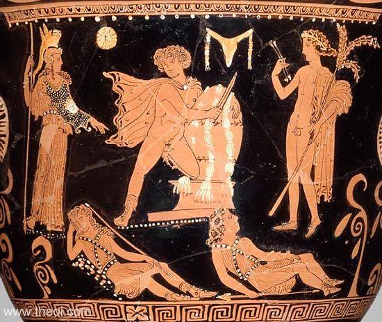 Orestes grabs the Delphic omphalos,