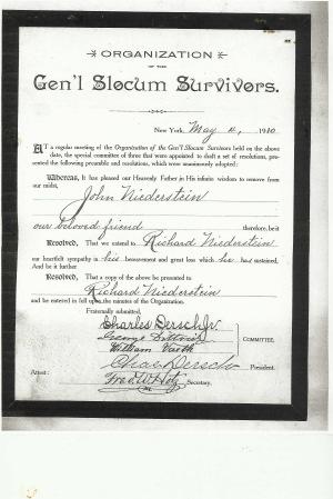 May 4 1910 General Slocum Survivors Org Document Condolences to Richard Niederstein on his brother s, County Clerk John Niederstein, untimely