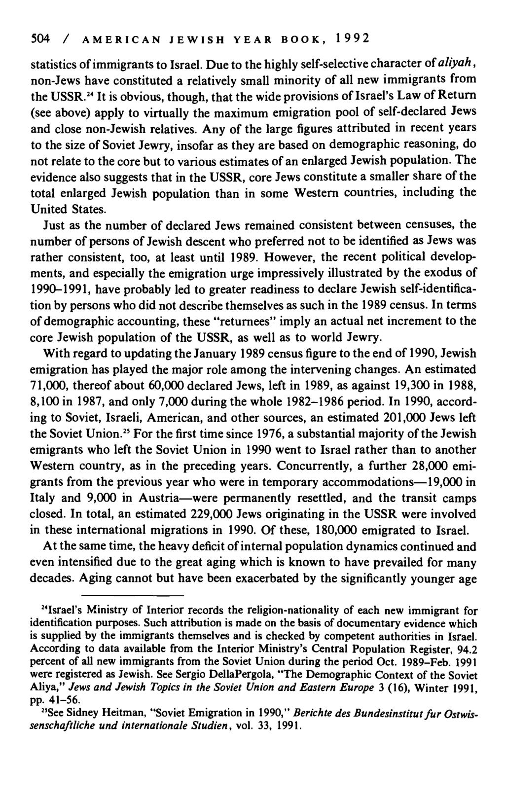 504 / AMERICAN JEWISH YEAR BOOK, 1992 statistics of immigrants to Israel.