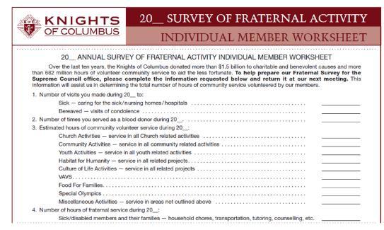 Annual Fraternal Activities Report Please take the time to complete the fraternal Survey form #1728A which can be found on the Assembly web site under Assembly forms or by clicking on this link.