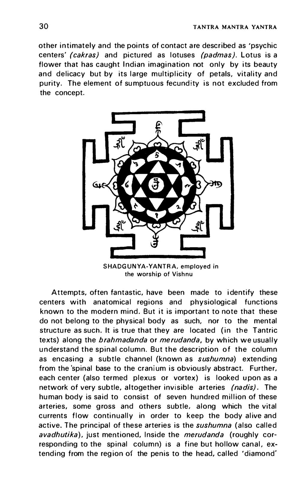 30 TANTRA MANTRA YANTRA other intimately and the points of contact are described as 'psychic centers' (cakras) and pictured as lotuses (padmas).