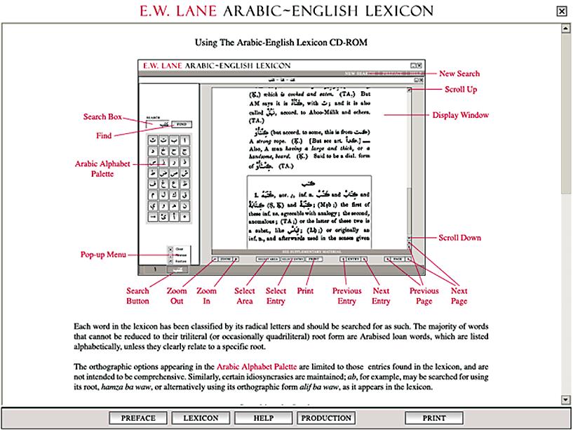 E.W. LANE ARABIC ENGLISH LEXICON A superlative masterpiece on CD-ROM. Access is by root followed by scrolling of a complete entry, with the option to print a desired portion.