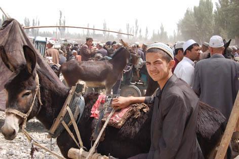 At the Kashgar animal market Even young Uyghur keep their traditional dress, and while they