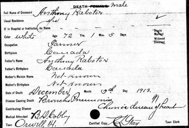 Rabotor, Anthony; usual residence Orwell, VT; age 72 years, 1 months and 5 days; widowed; farmer; born in Canada; father Anthony Rabotor, b.