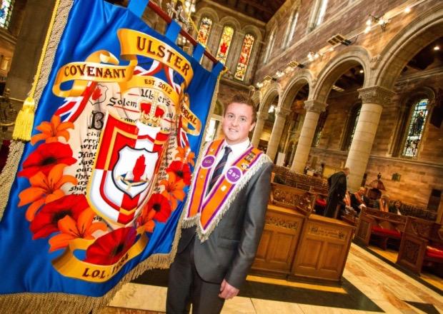 Matthew Gray, Worshipful Master of LOL 1984,at the Ulster Day commemoration and bannerette dedication service at St Anne's Cathedral in Belfast The bannerette was formally dedicated next to the tomb