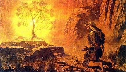 Moses at the burning Bush. Moses asks God for His name.