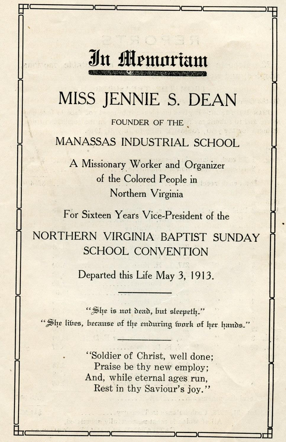and $.50 for the Virginia Baptist State Sunday School Convention. Mary E. Dean was the Superintendent and Douglas Jackson was the Secretary (Church Convention Staff 1913).