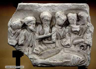 13 Christian Banquet Scene, Sarcophagus fragment. Vatican Inv. 31445 <www.rome101.com/christian/magician/> 14 Anchor and fish, tomb slab from Catacomb of Do