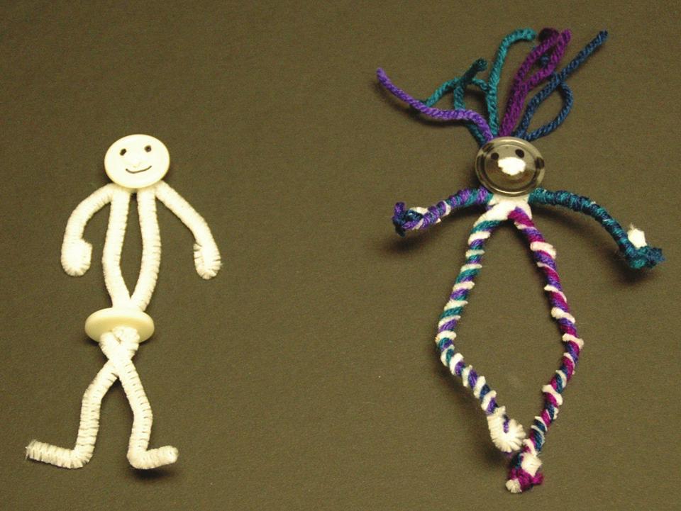 Friendship Pals Materials Yarn (various colors) Buttons Chenille stems (12-inch and 6-inch pieces per pal) Permanent markers Hint: Use 1 or 2 colors for body on each pal. Easy Directions 1.