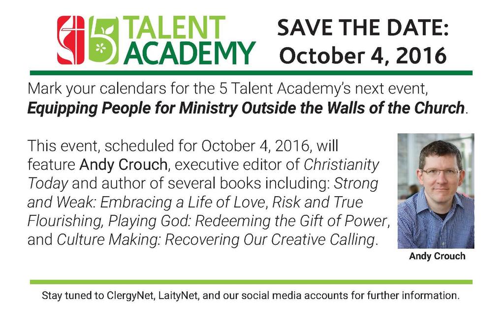 The 5 Talent Academy is a group of like-minded pastors and laity across the Virginia Conference who are committed to learning the tools and techniques to have healthy, fruitful congregations.