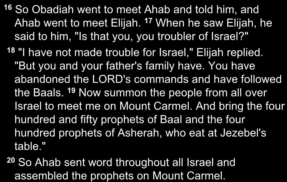 16 So Obadiah went to meet Ahab and told him, and Ahab went to meet Elijah. 17 When he saw Elijah, he said to him, "Is that you, you troubler of Israel?
