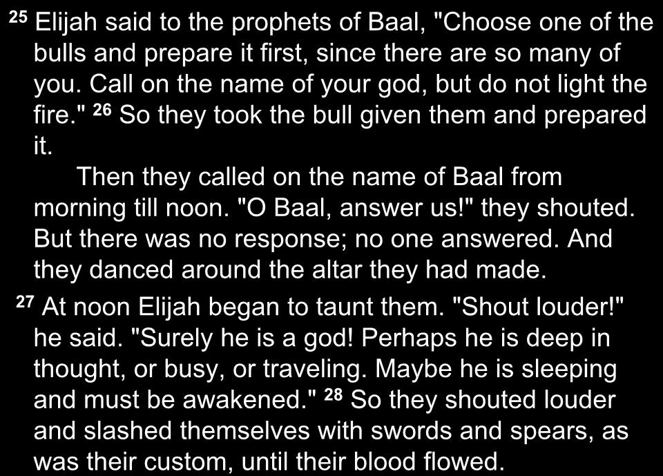25 Elijah said to the prophets of Baal, "Choose one of the bulls and prepare it first, since there are so many of you. Call on the name of your god, but do not light the fire.