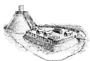 My personal theory is that the original settlement was planned as a motte and bailey defensive work with the fort/ meetinghouse forming the motte (the castle or defensive keep) and the bailey (the
