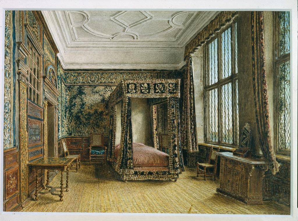 Resource H A painting by William Henry Hunt in 1820 of the Mary Queen of Scots room at Hardwick Hall.