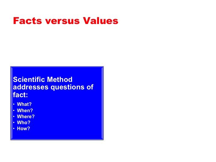 Screen 49: Fact versus values: The Scientific Method addresses questions of fact: What? When? Where? Who? How?