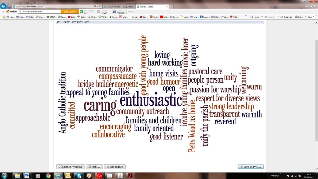 Today s congregation has had the opportunity to reflect on the qualities it would like to see in our new incumbent. Some of these have been included in a word cloud below.