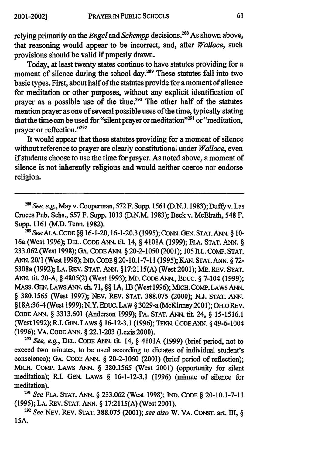 2001-2002] PRAYER IN PUBLIC SCHOOLS relying primarily on the Engel and Schempp decisions.