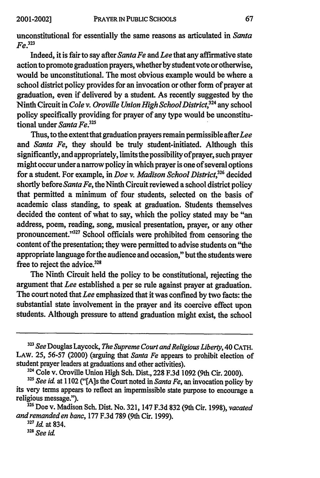 2001-2002) PRAYER IN PUBLIC SCHOOLS unconstitutional for essentially the same reasons as articulated in Santa Fe.