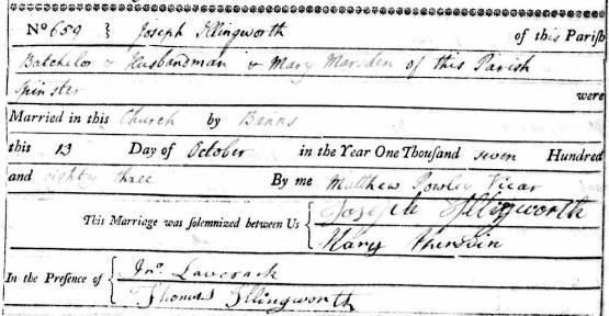 By the age of 19, on 13 th October 1783, Mary Marsden, spinster, married 27 year old Joseph Illingworth, Batchelor (sic) and Husbandman who was her cousin (once removed) and they will have lived at
