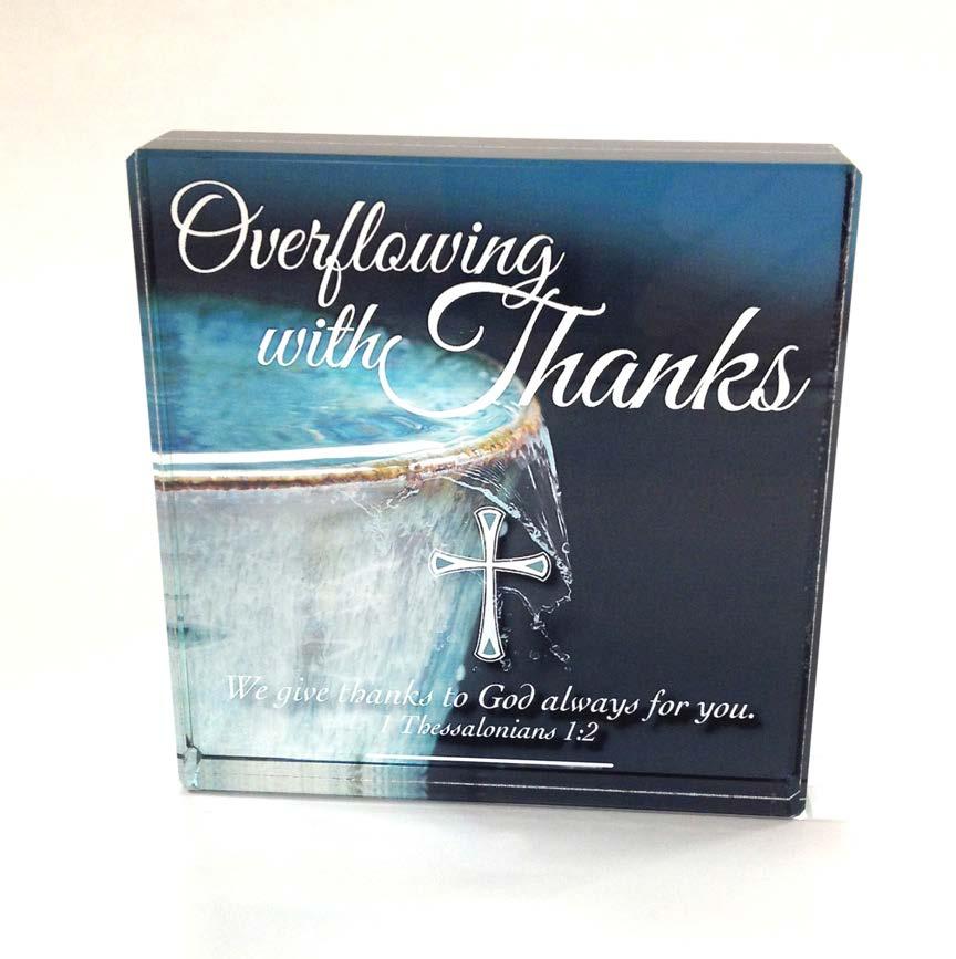 Overflowing with Thanks ENLARGED TO SHOW DETAIL Crystal Paperweight: measures 3-1/2 sq