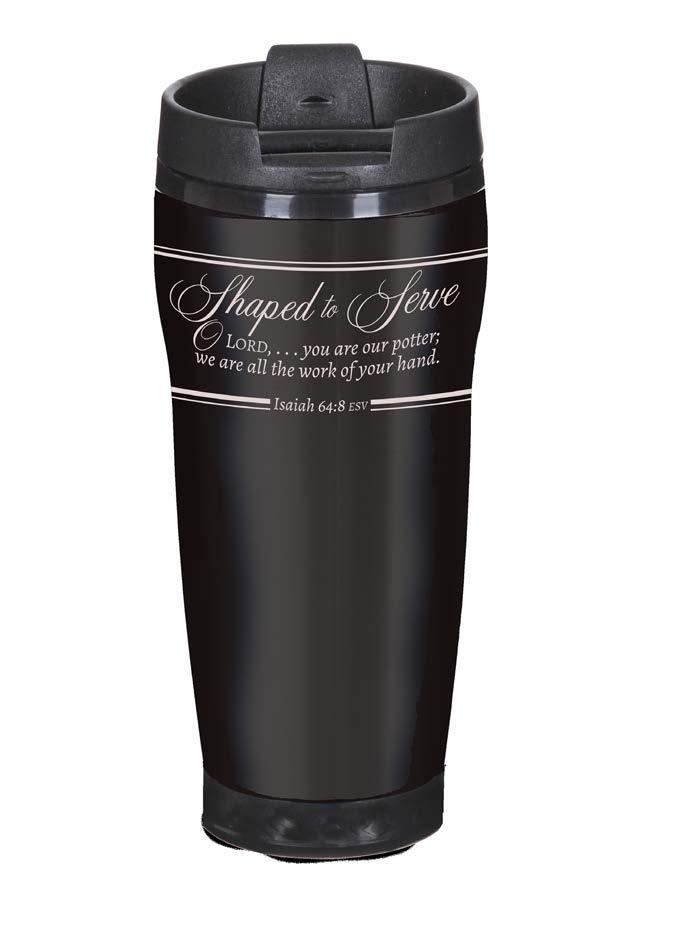 Shaped to Serve 16 oz Stainless Steel Travel Mug: doublewall insulated; FDA