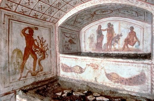 Examples of early Christian fresco painting can be found in underground tombs, such as the catacombs on Via Latina in Rome, shown here.