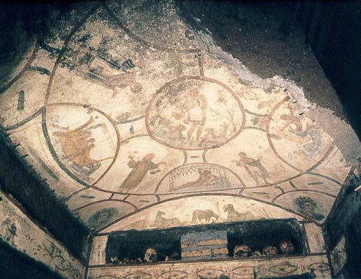 The Good Shepherd, the story of Jonah, and orants, painted ceiling of a cubiculum in the Catacomb of Saints Peter and Marcellinus, Rome, Italy, early fourth century.